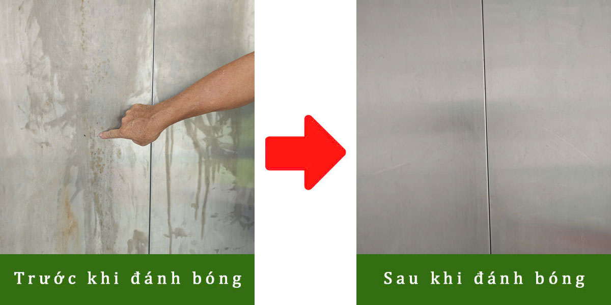 trước & sau khi đánh bóng thang máy inox